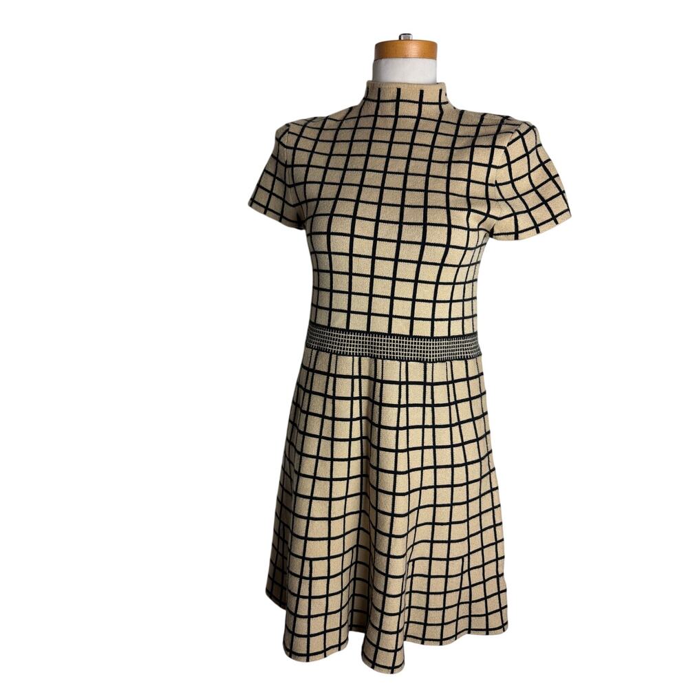Tahari Tan Black Windowpane Mock Neck Fit & Flare Sweater Dress Size M NWT